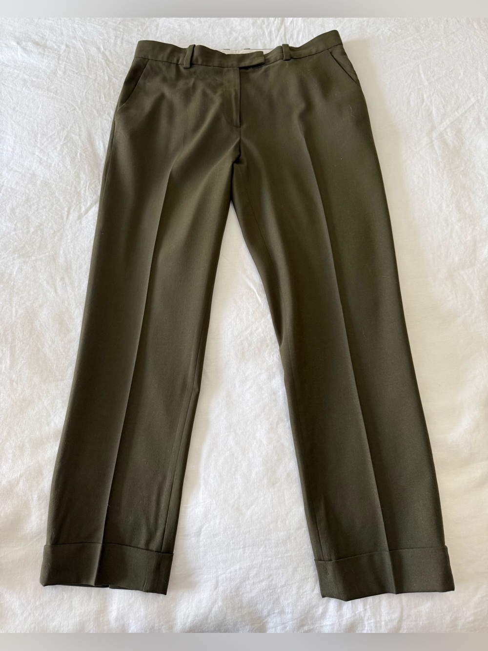 COS | Women’s 10 | Olive Green Wool Blend Straight Cuffed Trousers | High Rise